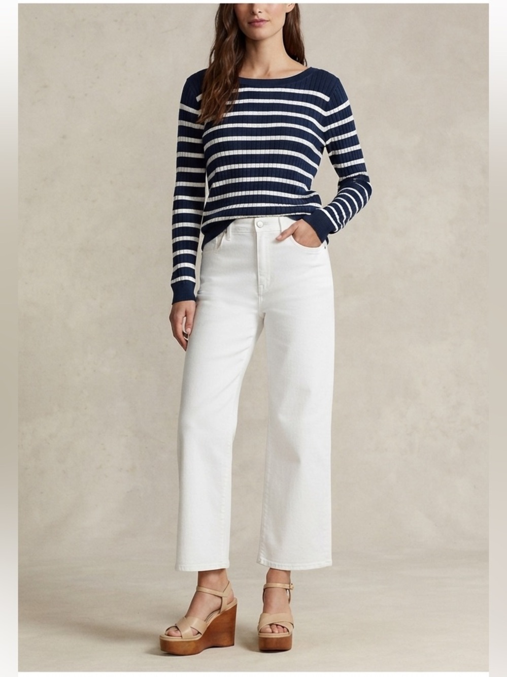Navy & White Striped Ribbed Boat Neck Sweater Classic Preppy NWT